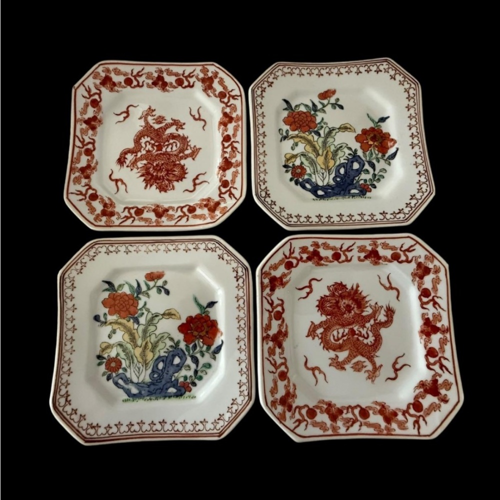4 Vintage YT Yuedong Hong Kong Hand-Painted Octagonal Plates, Canton Style | 5¾"